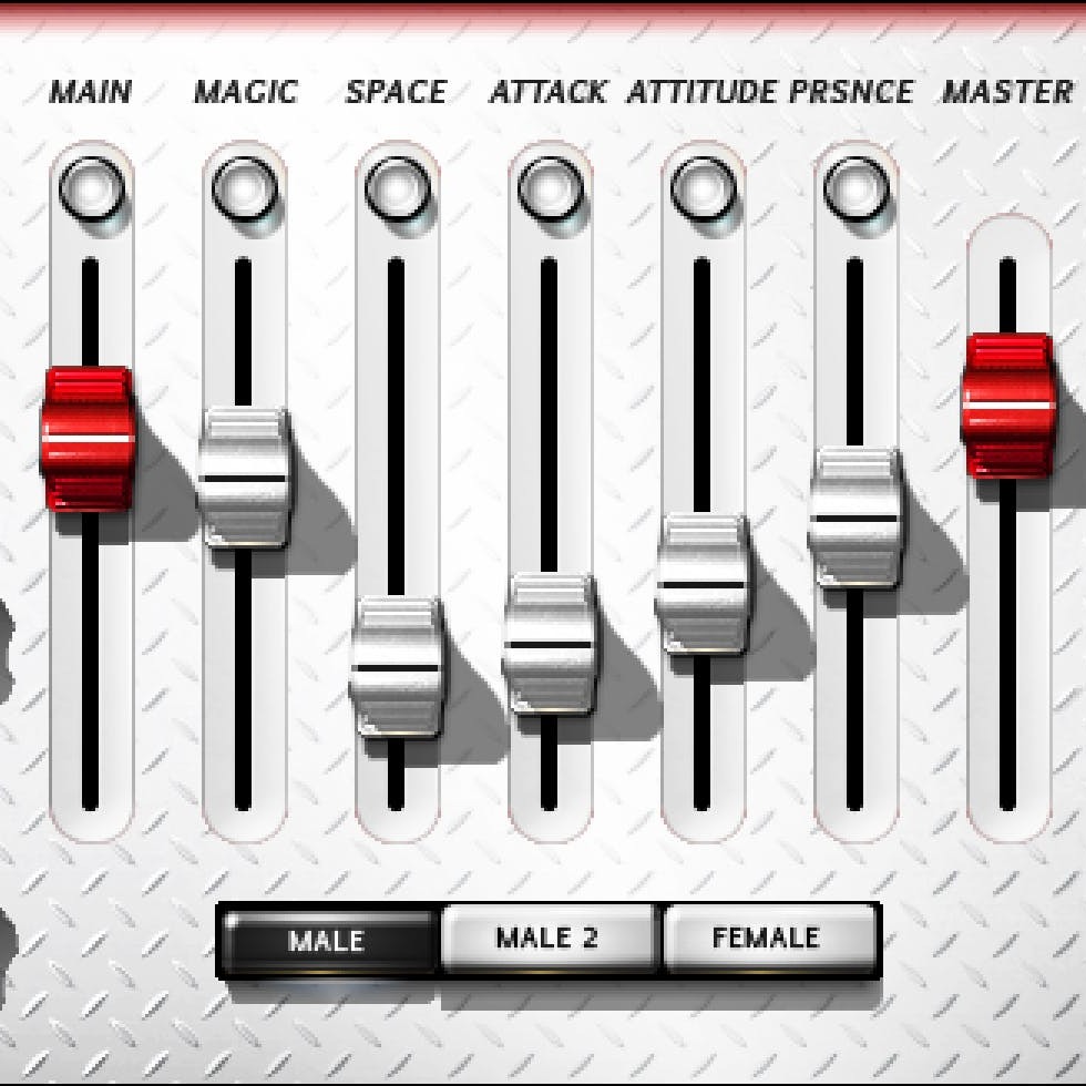 JJP Vocals のフェーダー部。MAIN／MAGIC／SPACE／ATTACK／ATTITUDE／PRSNCE／MASTER