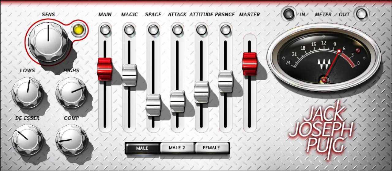 Waves JJP Vocals の画面。左にSENS・LOWS・HIGHS・DE-ESSER・COMPのノブ、中央にMAIN／MAGIC／SPACE／ATTACK／ATTITUDE／PRSNCE／MASTERの7本のフェーダー