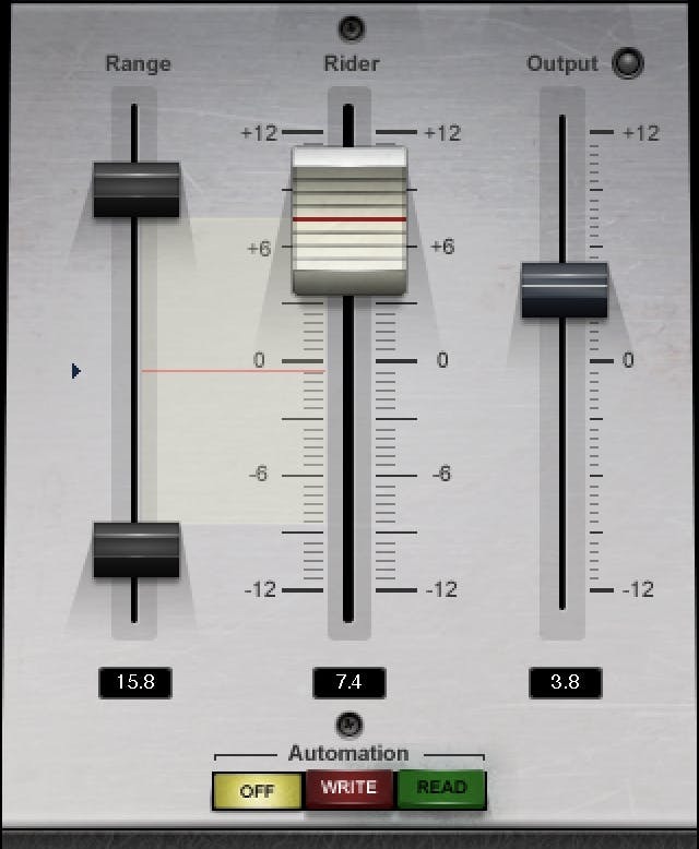 Vocal Rider のRange・Rider・Outputフェーダーとオートメーション切り替え（OFF／WRITE／READ）