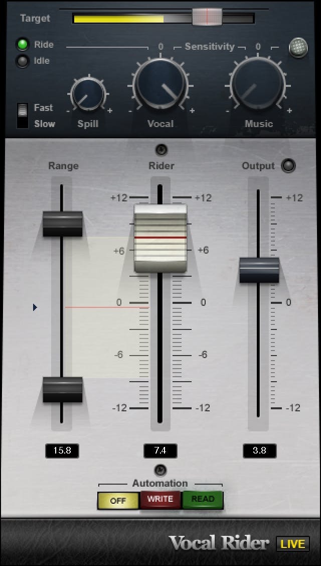 Waves Vocal Rider の画面。上部にTargetとSensitivity、下部にRange・Rider・Outputのフェーダーとオートメーション切り替え