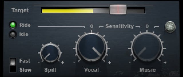 Vocal Rider 上部のTargetバーとSensitivity（Spill／Vocal／Music）