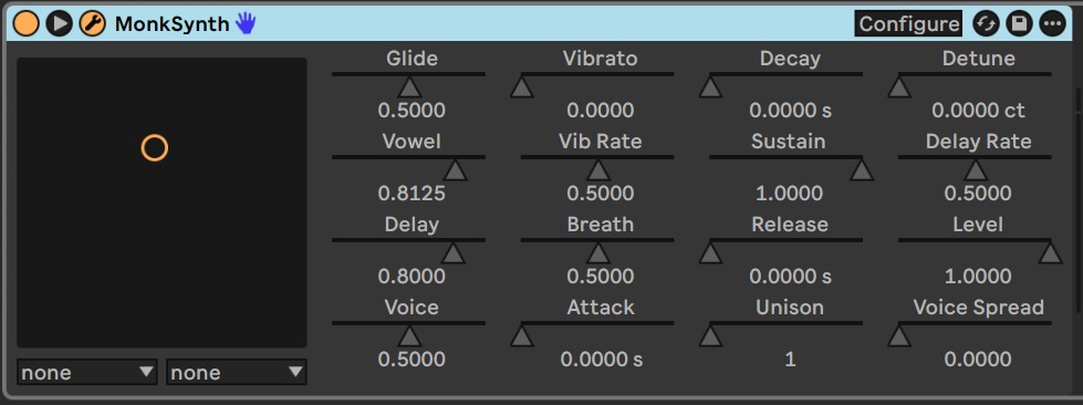 MonkSynthのパラメータ画面(Glide/Vibrato/Vowel/Delayなど)
