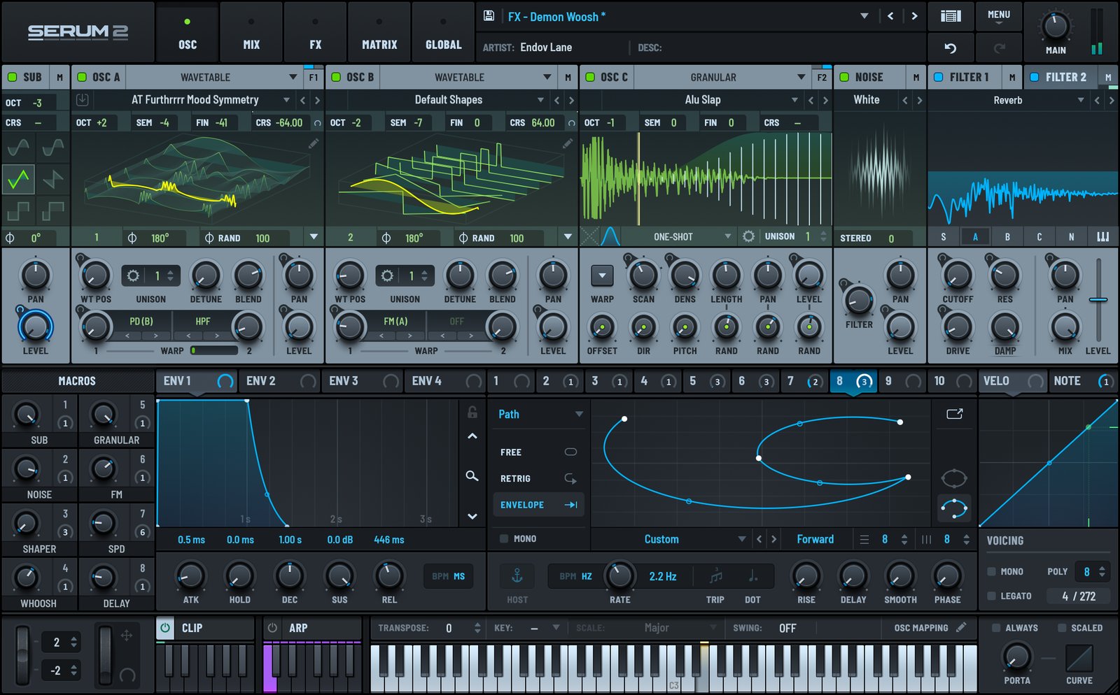 Xfer Records Serum 2 のGUI。OSC画面に3つのオシレーターとフィルター、エンベロープ、モジュレーション画面が並ぶ