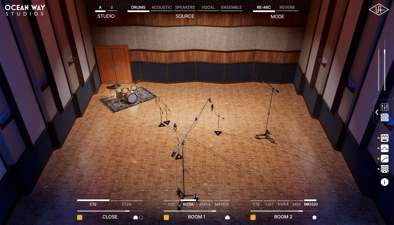 Ocean Way Studios Deluxe のStudio A・ドラム録音の画面