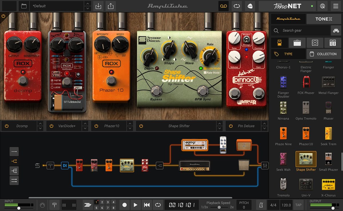 AmpliTube 5 ストンプ画面とシグナルチェイン