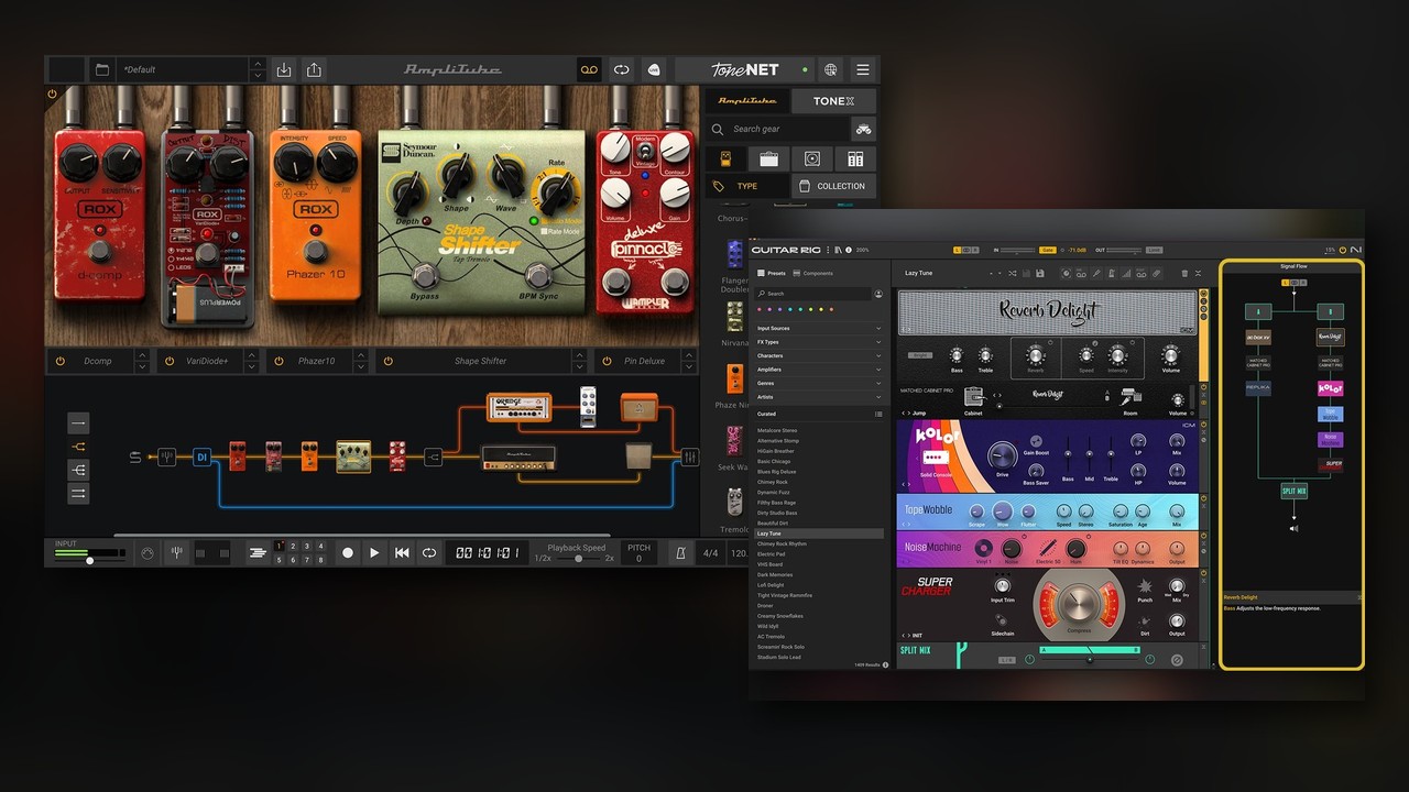 アンプシミュレーターの画面（AmpliTube 5・Guitar Rig 7）