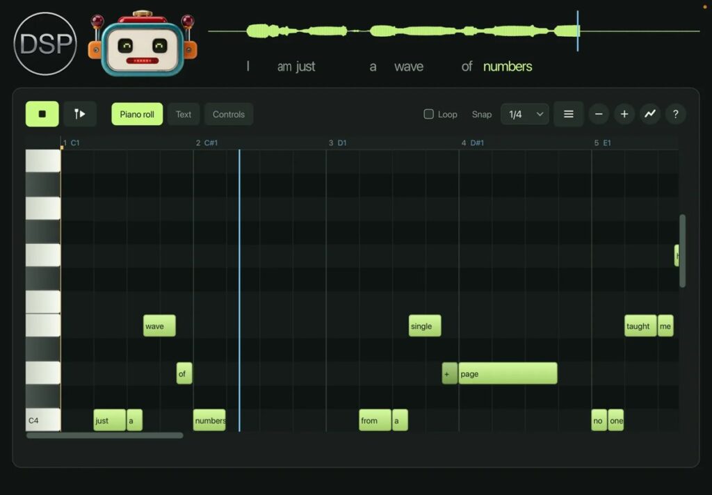 discoDSP『Roboto』のピアノロール画面。ノートごとに歌詞の単語が入っている