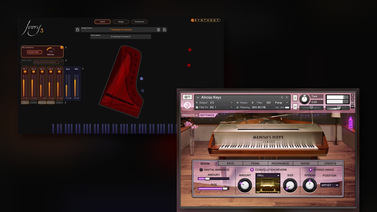 ピアノ音源の画面（Ivory 3・Alicia's Keys）